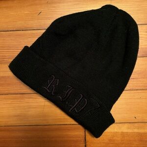 black beanie with RIP embroidered